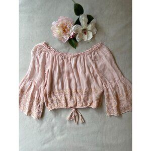 Forever 21 Pink Off-Shoulder Boho Top With Lace Embroidery Size S Cottagecore Fa